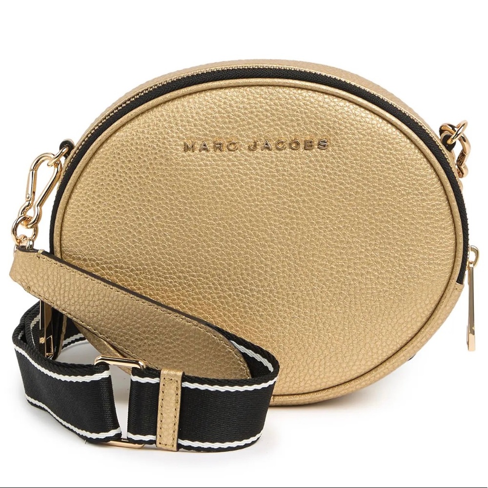 Marc Jacobs Gold Pebbled Leather Round Crossbody Bag with Black Strap